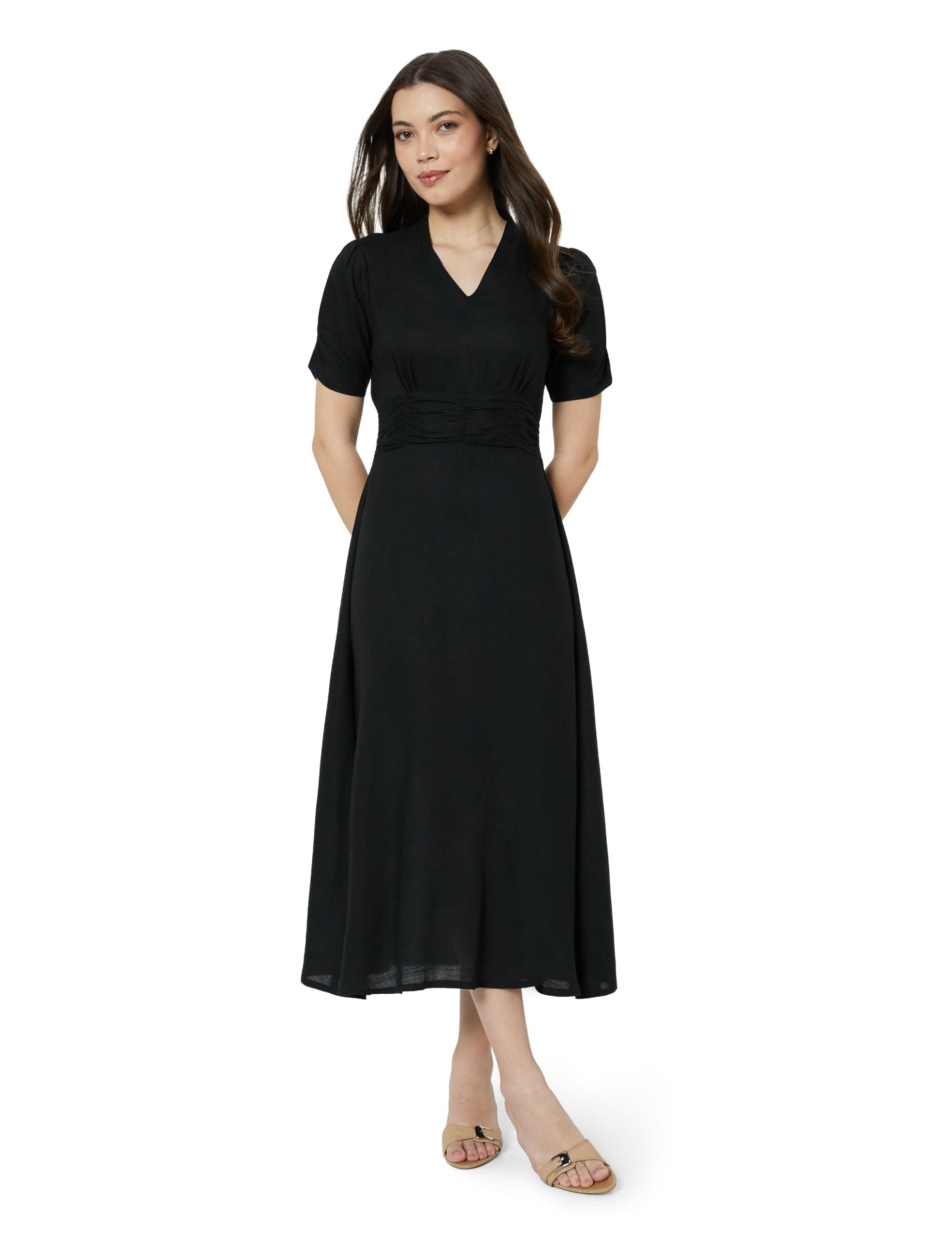 Amazon Brand - Symbol Women's V-Neck Midi Dress | Ruched Waist, Puff Sleeves, A-Line Flared (Available in Plus Sizes)