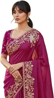 Glory Sarees Women's Vichitra Silk Sequin Zari Embroidery Work Saree With Blouse Piece (Embroidery101_Parent)