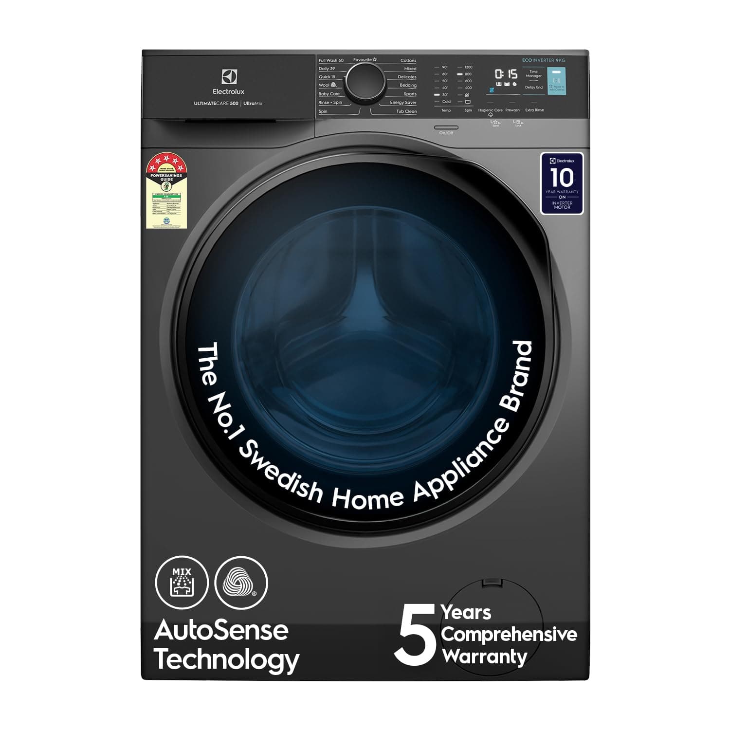 Electrolux 9kg 5 Star Front Load Washing Machine, 5 Year Warranty, AutoSense Technology, Full Load Vapour Wash, Hygienic Care, Woolmark, EcoInverter Motor, UltimateCare 500, EWF9024R5SB, Dark Silver
