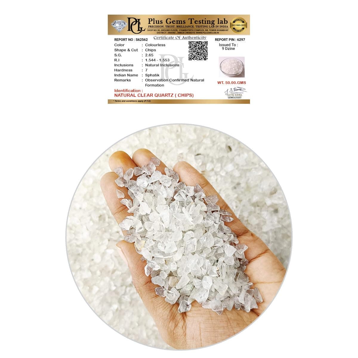 Certified Clear Quartz Crystal Chips 50 GM with Authenticity Certificate | Natural Quartz Decorative Stone Chips for Pooja Room, Meditation, Vastu, Resin Art, Crafts & Aquarium Décor