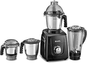 Sujata MG03 Mixer Grinder 1000Watts | Double Ball Bearing Motor|24000 RPM|Non-Stop 90 Mins Running|4 Jars including 1750ml Blender with Coconut Milk Extractor, 1500ml, 1000ml, 500ml Jar| Black
