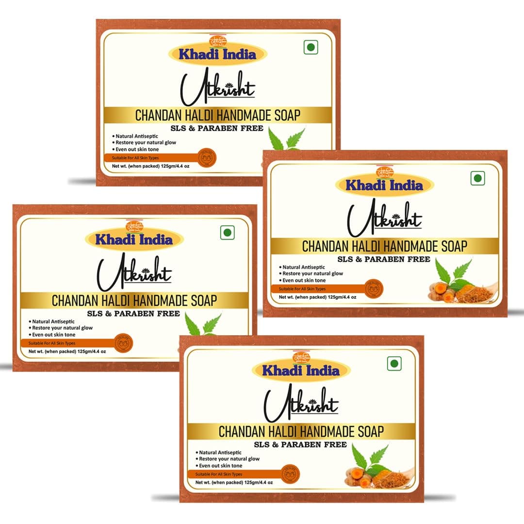 Utkrisht Khadi Chandan Haldi Handmade Bathing Soap Bar 125g (Pack of 4) | Natural & Herbal Anti-Aging Soap for Glowing Skin | Fades Dark Spots & Pigmentation | Reduces Acne & Pimples | All Skin Types