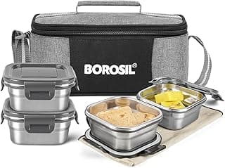 Borosil Feast Stainless Steel Lunch Box with Bag | Set of 4 (400 ml Each), Square | Tiffin Box for Office, School & College
