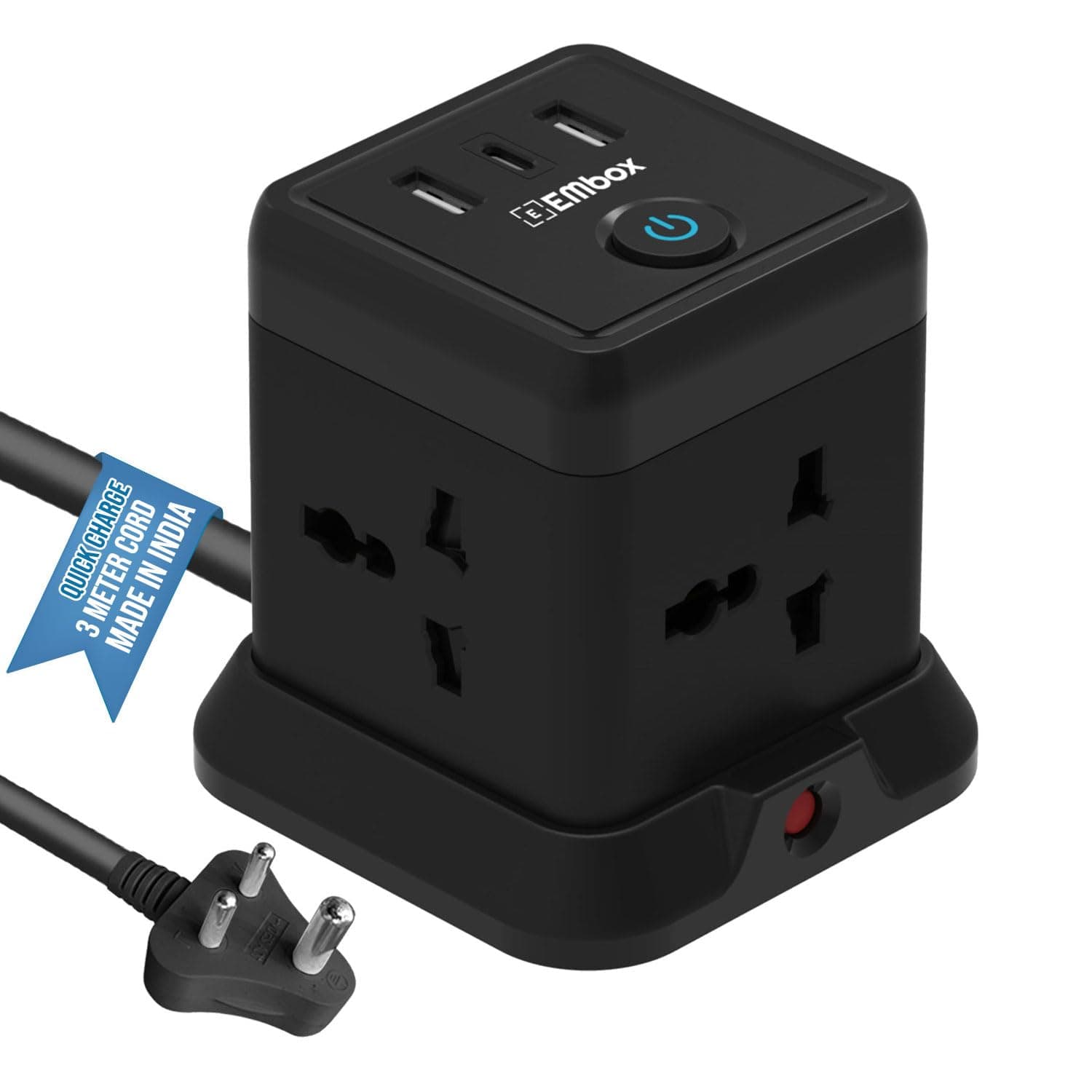 EMBOX Cube Extension Board with USB Type C | 2500W Extension Board with Switches | Extension Cord with 4 Universal Sockets Safety Shutter & Overload Protector (4 Socket + 3 USB - 3mtr (Black))