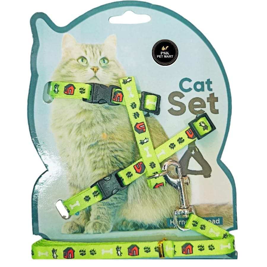 PSK PET MART Cat Harness with Leash Set for Walking | Escape Proof | Adjustable & Durable for Cats Printed Design Small Size (Green)