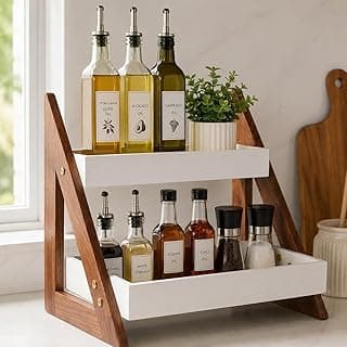 2 Tier Wooden Kitchen Counter Organizer Rack | Premium Spice Rack & Storage Shelf for Kitchen Countertop | Modern Wooden Storage Stand for Oil Bottles, Jars, Coffee & Bathroom Essentials