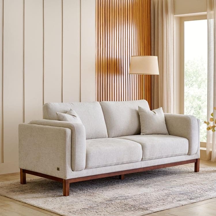 Home Centre | Lansbury | Fabric|Solid Wood | 3 Seater Sofas | Beige | 1 Year Warranty