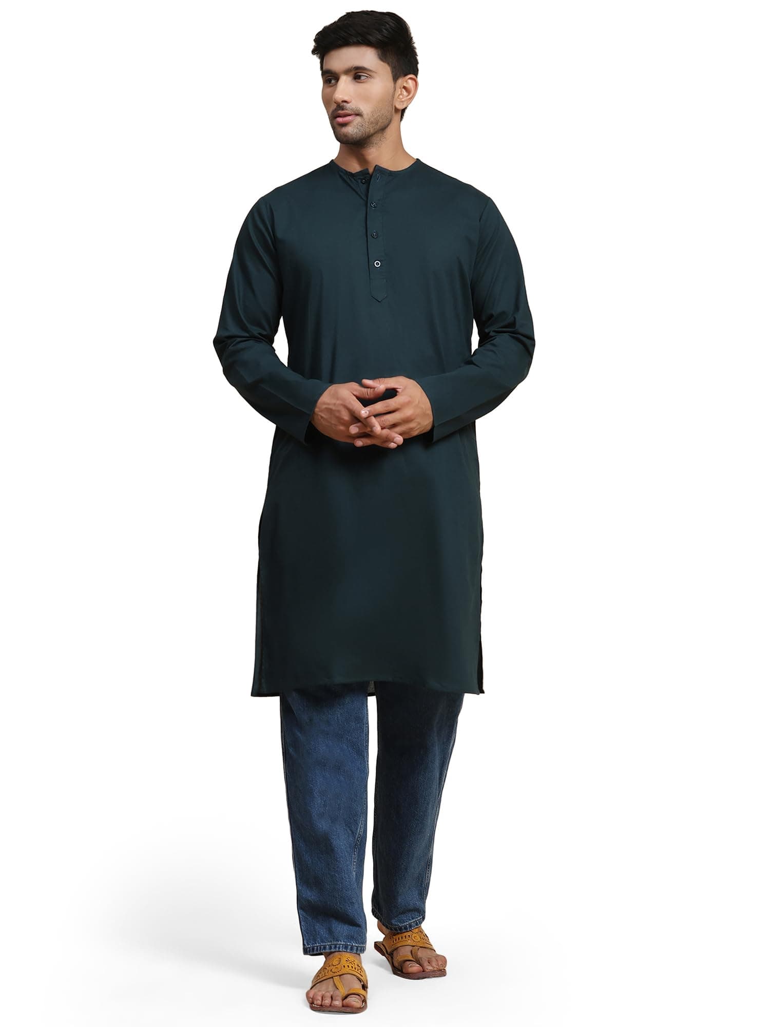 Amazon Brand - Anarva Men's Cotton Solid Round Neck Kurta Long Sleeves Straight Knee Length Casual Shirt