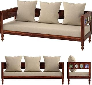 VeLivings Solid Sheesham Wood 3 Seater Sofa for Living Room Home and Office | Wooden Sofa Set Three Seater with Antique Ceramic Tiles Design (Beige Color Fabric Cushion, Honey Brown Finish)