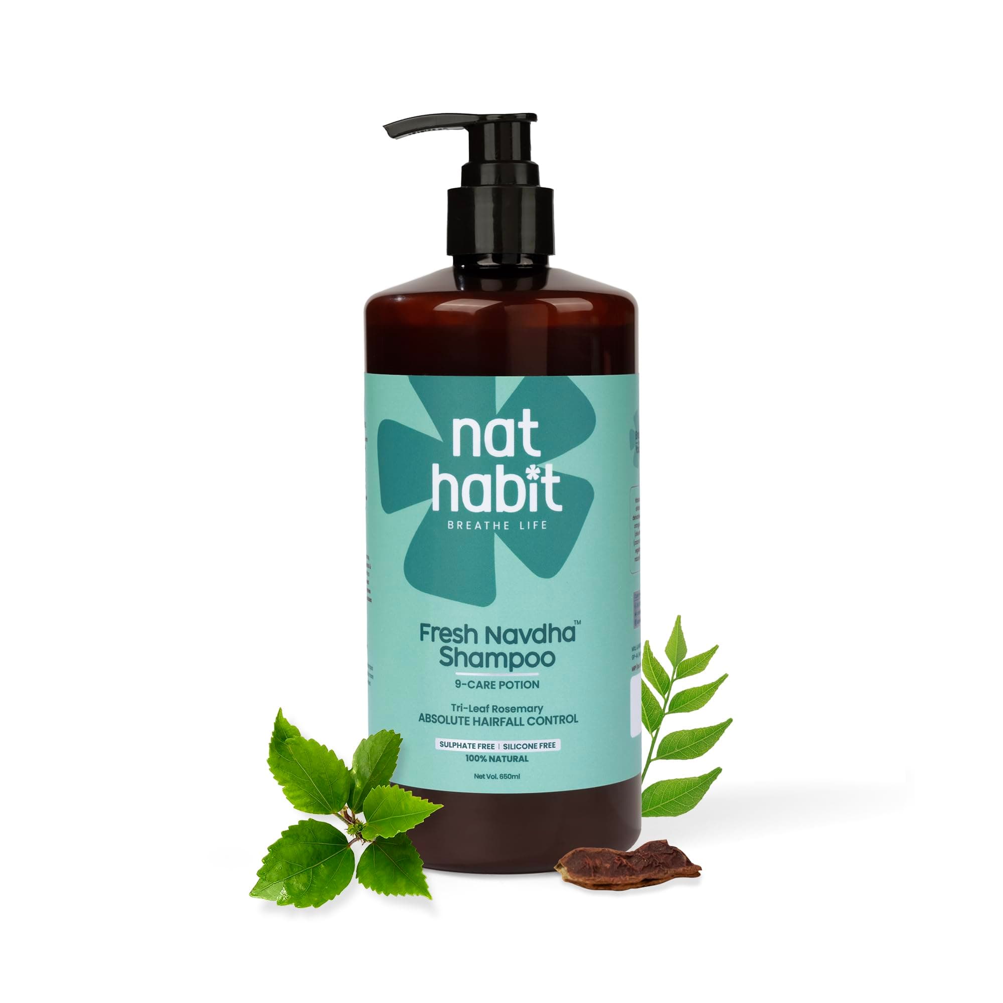 Nat Habit Navdha Rosemary Shampoo For Hair Fall Control| Sulphate & Paraben Free | Soy Fermented Gentle Cleanser|Natural Herbal Shampoo for Women & Men | Amla Reetha Shikakai | Chemical-Free| 650ml