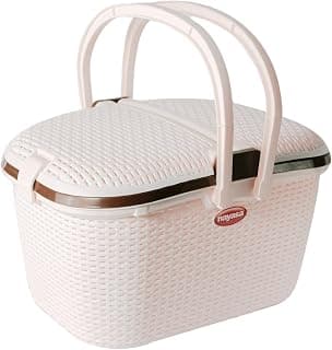 Nayasa Plastic Hamlock Basket | Good for Pets | Multipurpose Oval Storage Basket with Handle & Dual-Sided Lid | Picnic Basket, Travel Organizer & Utility Box for Home, Kitchen, and Outdoors | Ivory