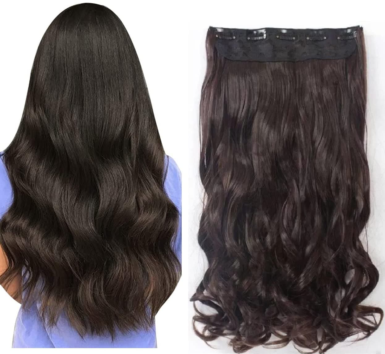 BeatStock Brown Color Wavy, Curly Hair Extension For Women 5 clip, 22 inch in New Texture Synthetic Fiber