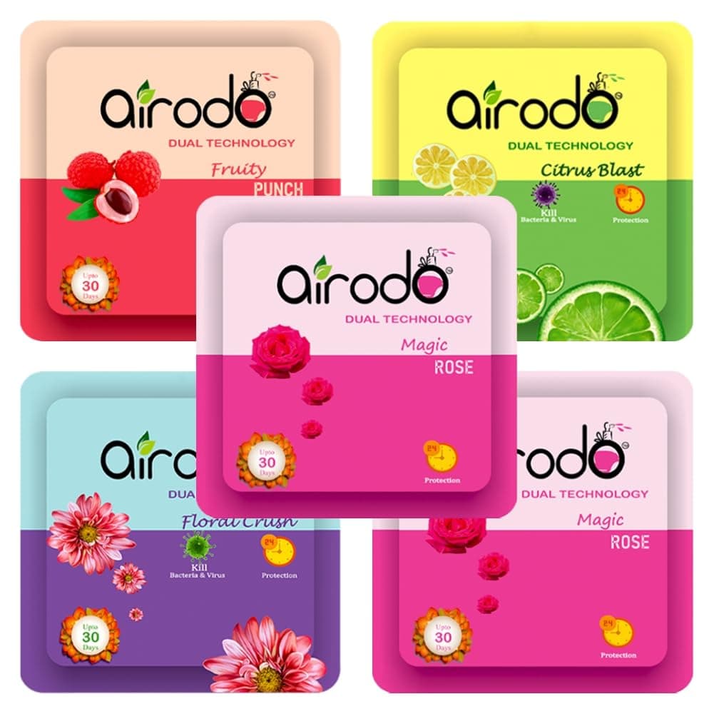 AIRODO Air Freshener Power Pocket Gel For Bathroom and Toilet, Fragrance Booster, Lasts Upto 30 Days Assorted Mix Scents Fruit Citrus Blast Floral (pack of 5) Blocks (5 x 10 ml)