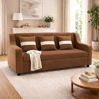 KENDALWOOD Furniture 3 Seater Fabric Curve Handle Sofa for Living Room Furniture | 3 Seater Sofa for Home & Office | Fabric Color:- Brown