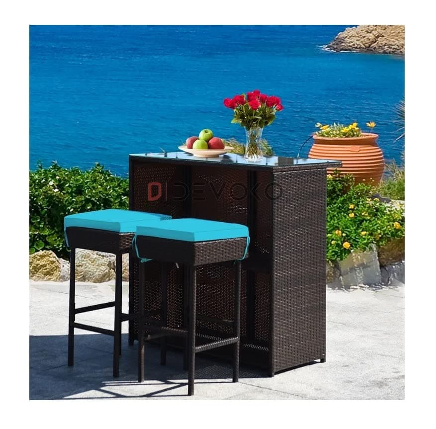 DEVOKO 3 Pieces Wicker Bar Table Set Outdoor Bar Set Patio Furniture Glass Bar and Two Stools with Cushions for Patios, Backyards, Porches, Gardens or Poolside (Darkbrown & SkyBlue)
