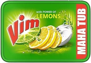 VIM Dishwash Bar Lemon Tub, With Power Of 100 Lemon, Fastest On Burnt Food Stains, Comes With A Sturdy Re-Usable Box And Free Scrubber, 500 g