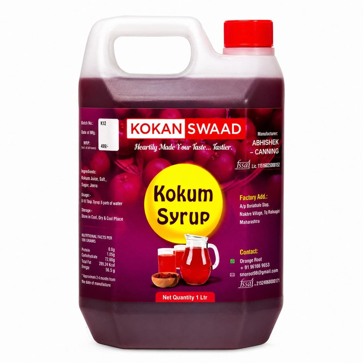 KOKANSWAAD Natural Kokum Syrup 1L – Refreshing Drink | Cooling Herbal Juice with Jeera & Garcinia Indica | Immunity Booster | Natural Tangy & Healthy Beverage | Digestive, Cooling & Tasty Sharbat | No Preservatives