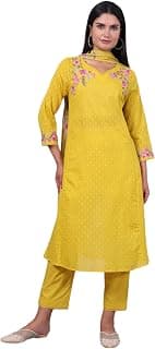 W for Woman Yellow Polka Printed Thread Embroidered Cotton Dot Texture A-Line Kurta, Straight Pant And Dupatta Set