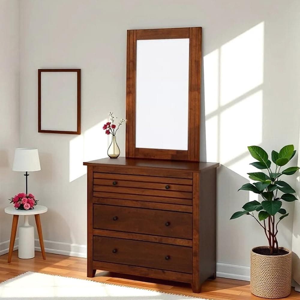 Royaloak New York American Wooden Dresser | Solid Wood Veneer | Drawer Storage | Metal Knobs | Telescopic Channel | Elegant Design | American Collection | Dressing Table,Brown