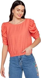 Zink London Peach Solid Women's Puff Sleeve Top