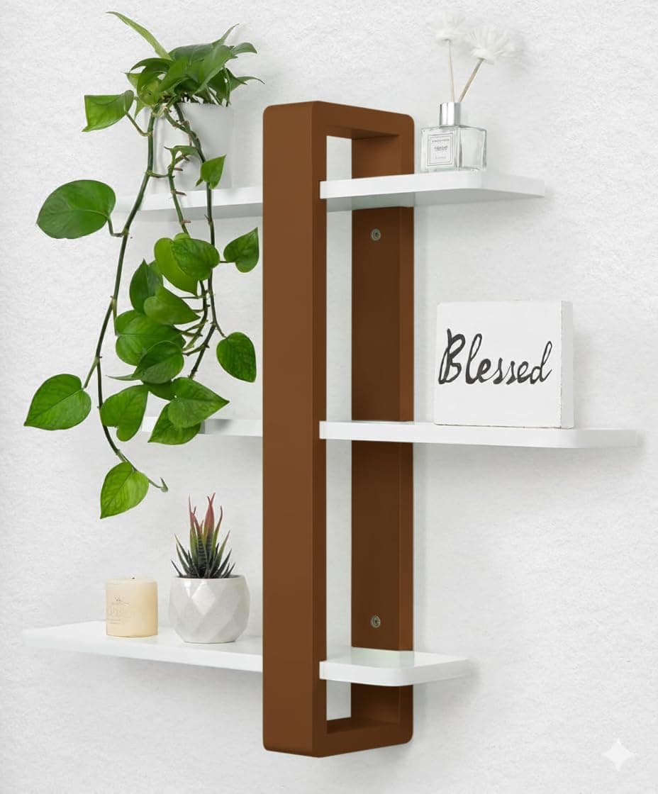 Dence Store Wooden Wall Shelf for Living Room | Decorative Floating Wall Mount Shelf for Bedroom, Office & Home Decor | Modern MDF Display Rack for Plants, Books & Showpieces | Brown & White