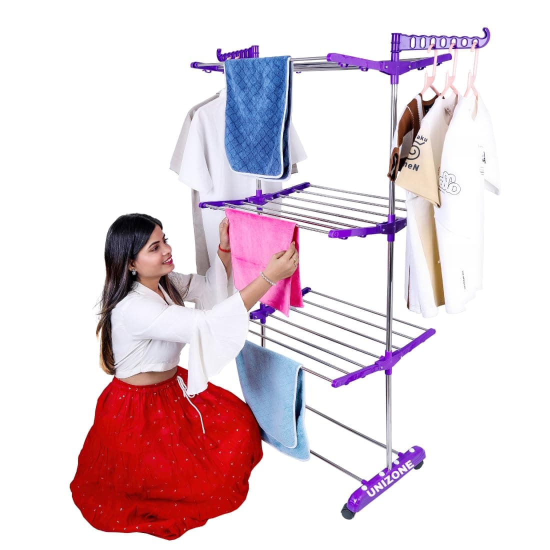 UNIZONE Cloth Dryer Stand/Hanging Clothes Dryer for Balcony, Bathroom, Indoor, Outdoor (Single Pole 3-Tier)