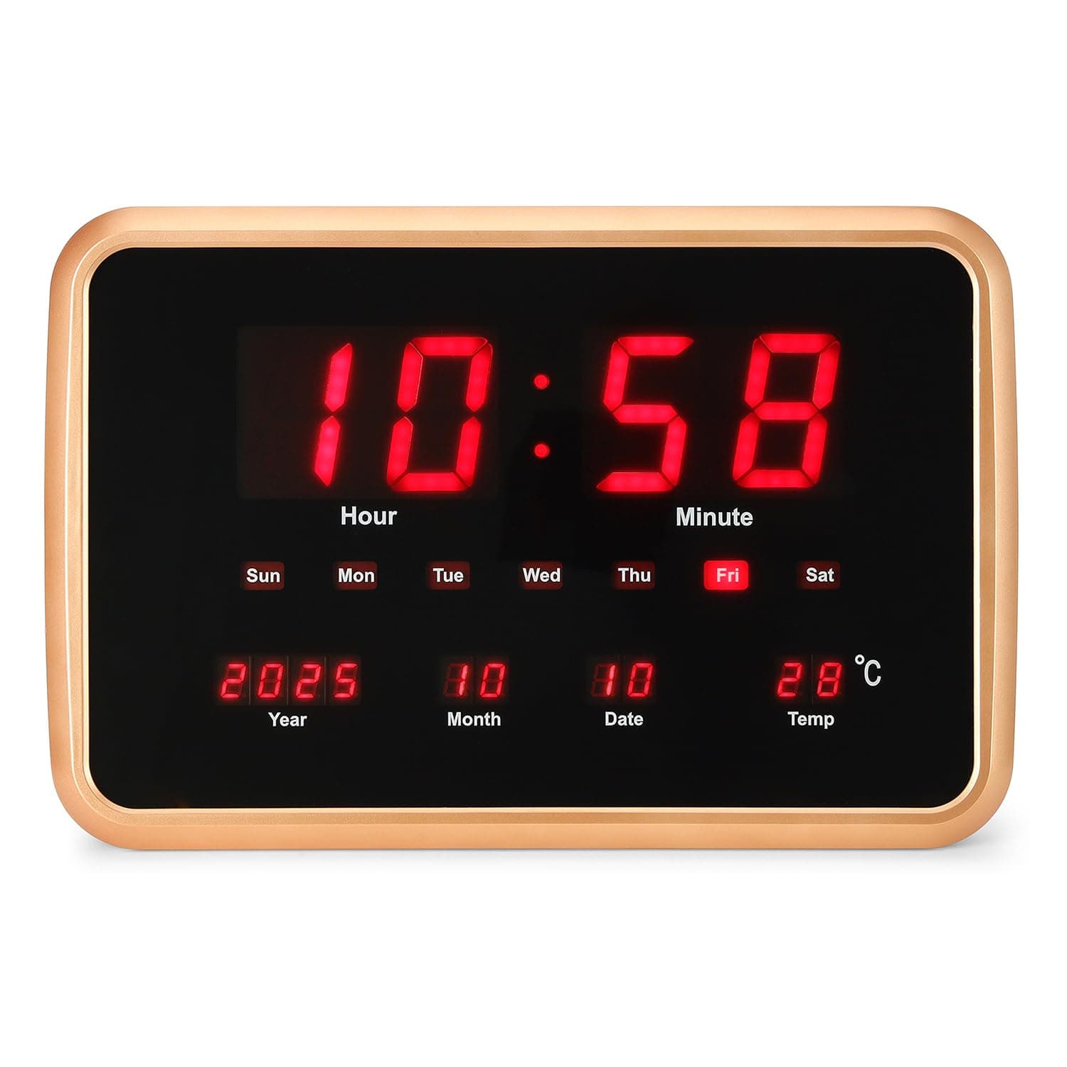 Amazon Basics LED Digital Wall and Table Clock with Auto Brightness, Golden color, HIPS Material,USB Powered, 12/24 Hour Format, Large Display for Living Room, Bedroom or Office (Size: 38 × 25 × 3.4 cm)