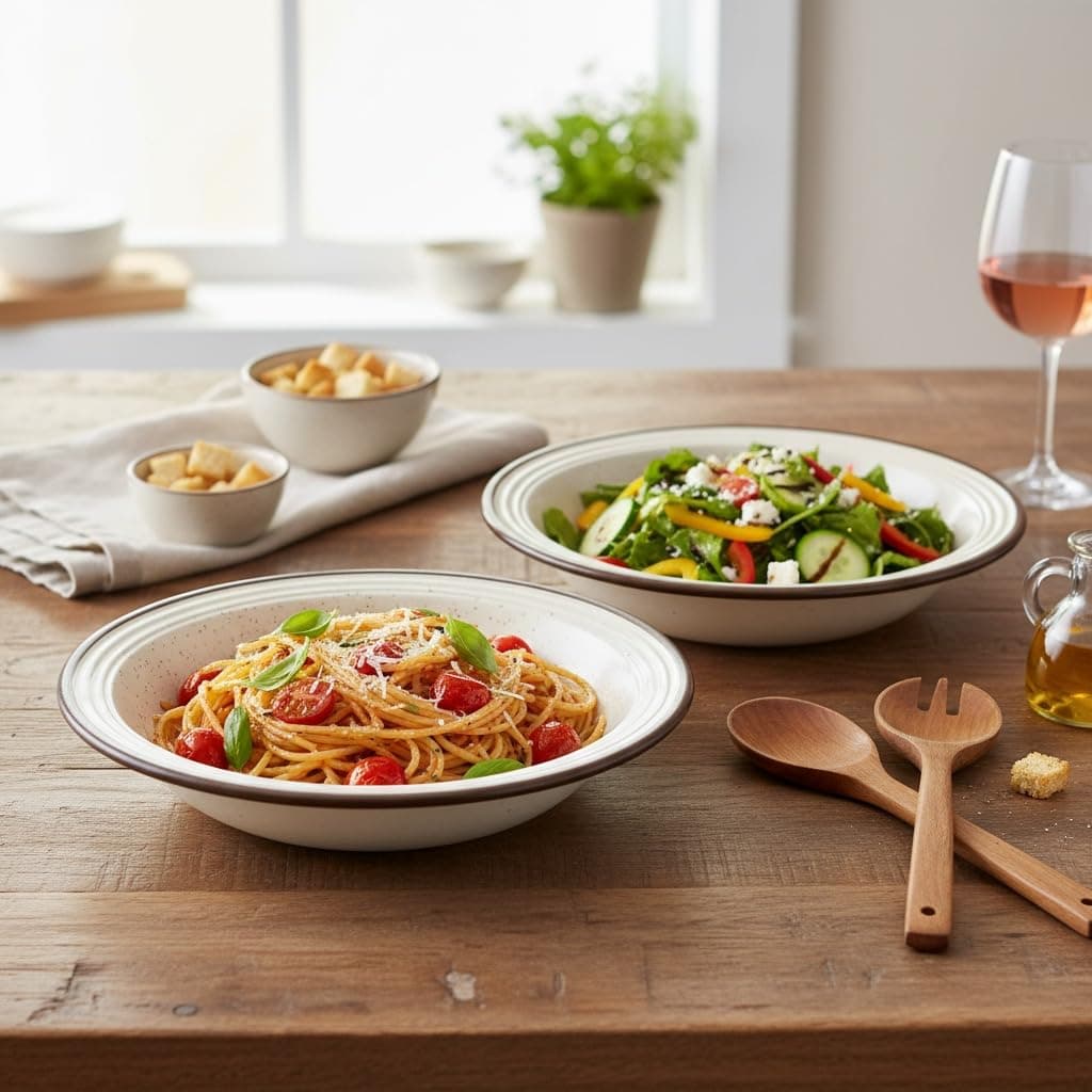 Beyond Homes Ceramic Pasta Plates Shallow, 18cm, Set of 2, White Brown | Matte Finish Ceramic Pasta Bowl | Flat Stoneware Pasta and Maggie Bowl | Chip-Resistant | Microwave Safe; (2, White Brown Rim)