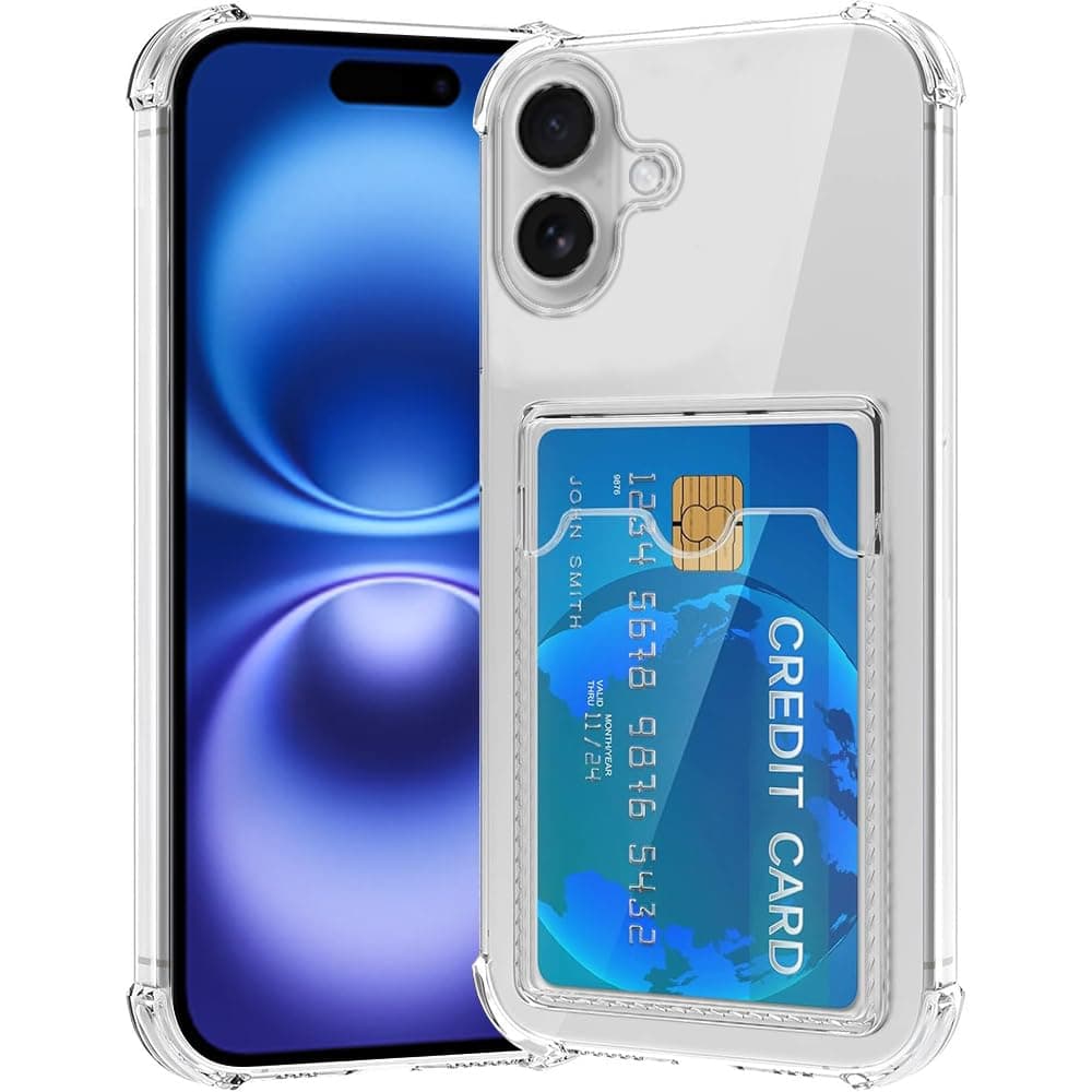 Amazon Brand-Solimo Premium Shockproof Transparent TPU Back Case Cover with Built-in Slim Card Holder Wallet for Apple iPhone 16 - Clear