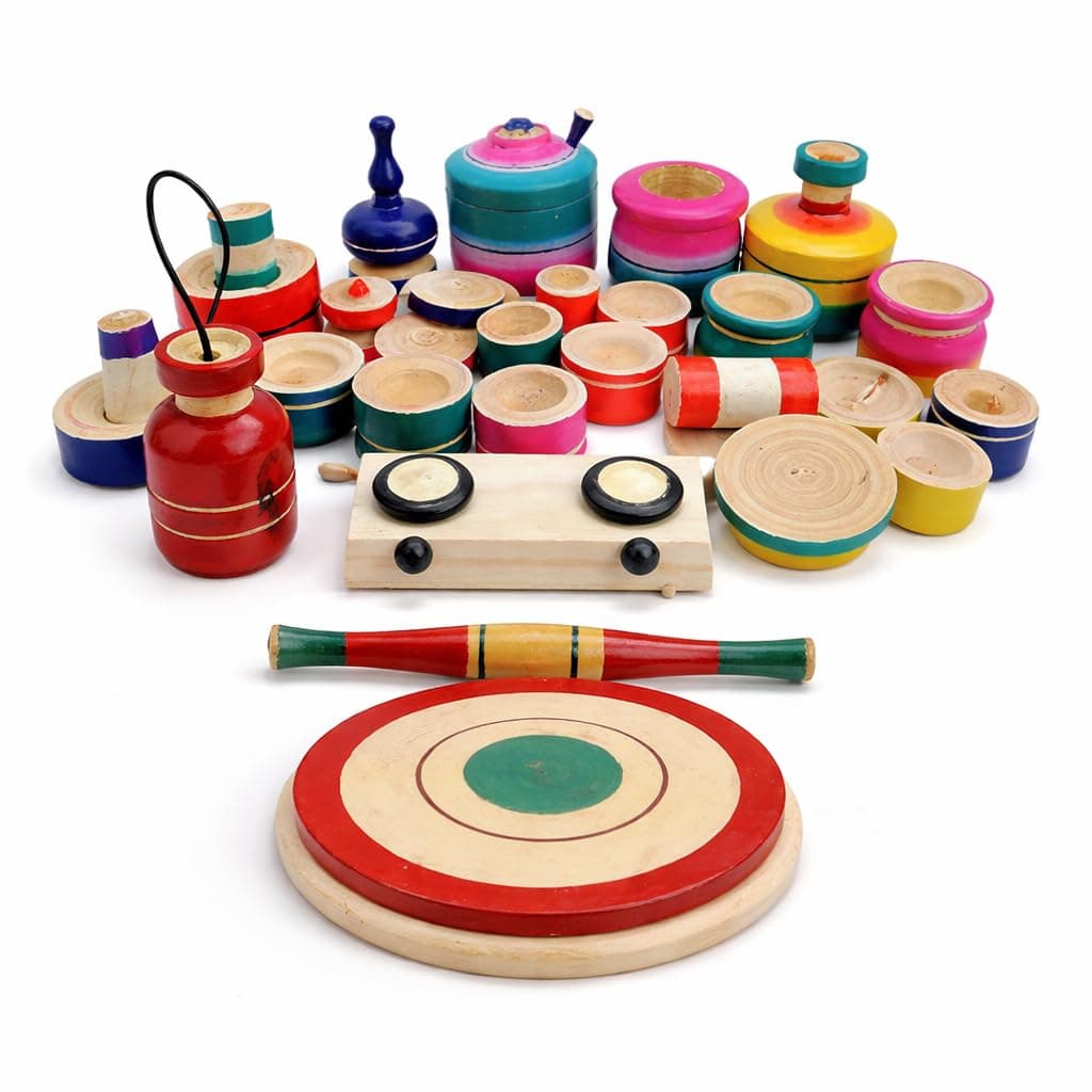 MAMU SHOP Mamushop Chennapattana Wood Eco Friendly Wooden Kids Toy Kitchen Set/Choppu Jaman Made In India Kids Gas Stove With Cylinder Combo-Multi Color