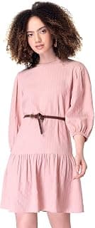 FabAlley Women's Cotton Peach Striped Belted Dress Mini Western