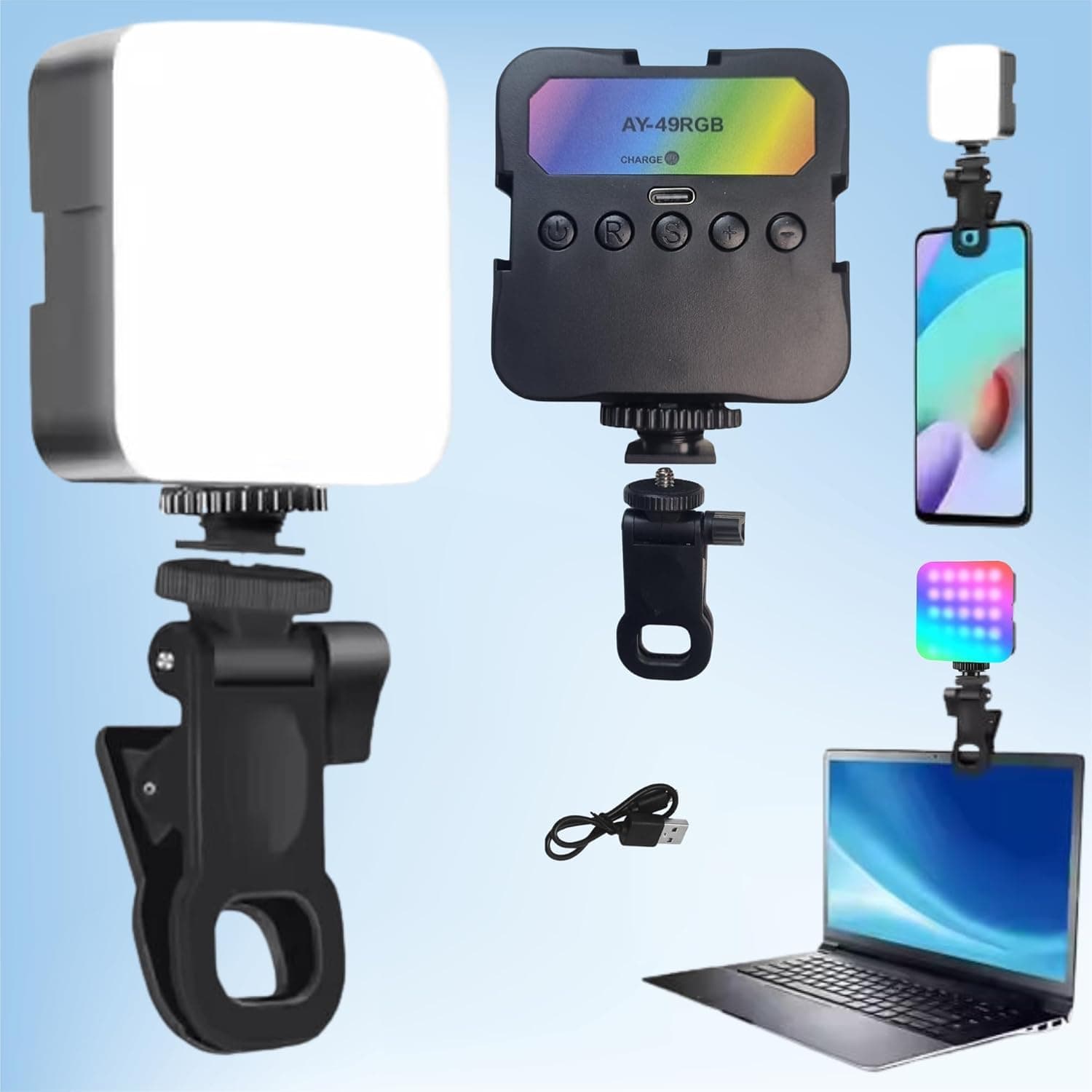 FKU Mini RGB Led Clip Selfie Video Light Rechargeable 1800 mAh Portable for Photography and Content Creation (RGB Rechargeable MINI Selfie Light)