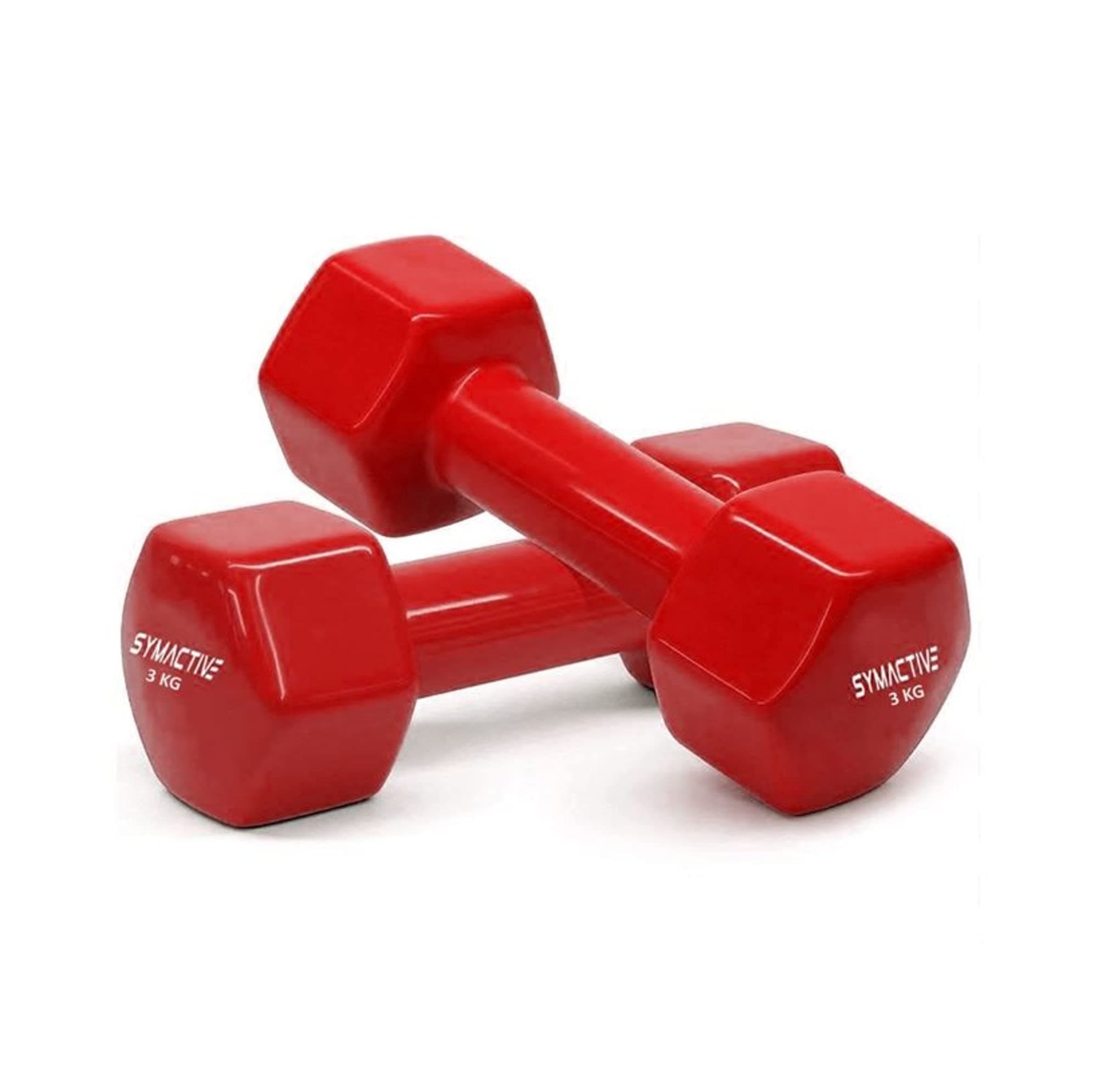 Amazon Brand - Symactive Vinyl Coated Fixed Dumbbell for Gym Exercises, Set of 2, 3 kg, Red