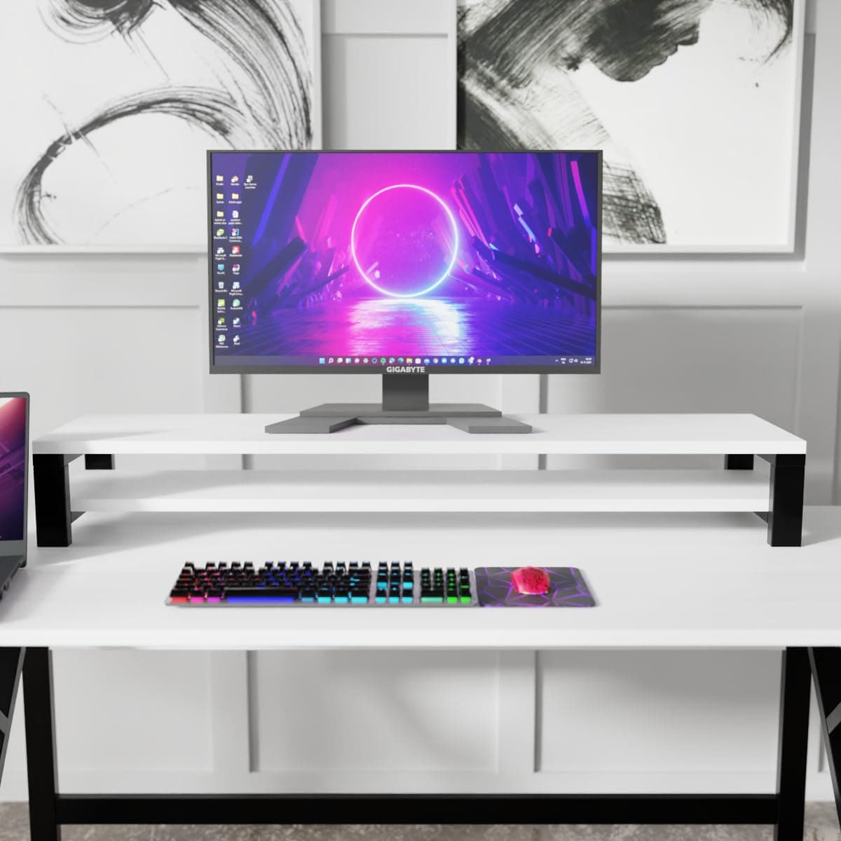 Riyan Luxiwood® Wooden Double-Decker Monitor Riser Stand for Computer Desk | MDF & Metal Monitor Shelf for PC, Laptop & Desktop Screen | Office & Work from Home Setup - White (90 x 20 x 15 cm)