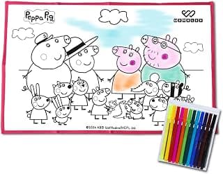 Wembley Peppa Pig Coloring Mat with 12 Markers - Durable,Reusable,& Educational Doodle Mat for Kids Ages 3+ Perfect for Learning,and Fun - Ideal Gift for Toddlers,Birthdays,and Classrooms,Multicolor