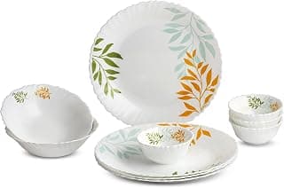 CELLO Lush Foliage Dazzle Series Opalware Dinner Set of 10 Pieces for Family of 4 | Bone-Ash Free & Leadfree Opal Glass, Microwave & Dishwasher Safe Plates & Bowls Crockery Set for Dining & Gifting
