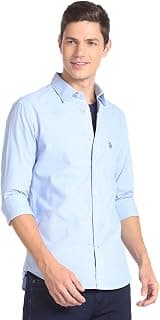 U.S. POLO ASSN. Men's Blue Solid Spread Collar Collared Neck Full Sleeve Casual Cotton Regular Fit Shirt