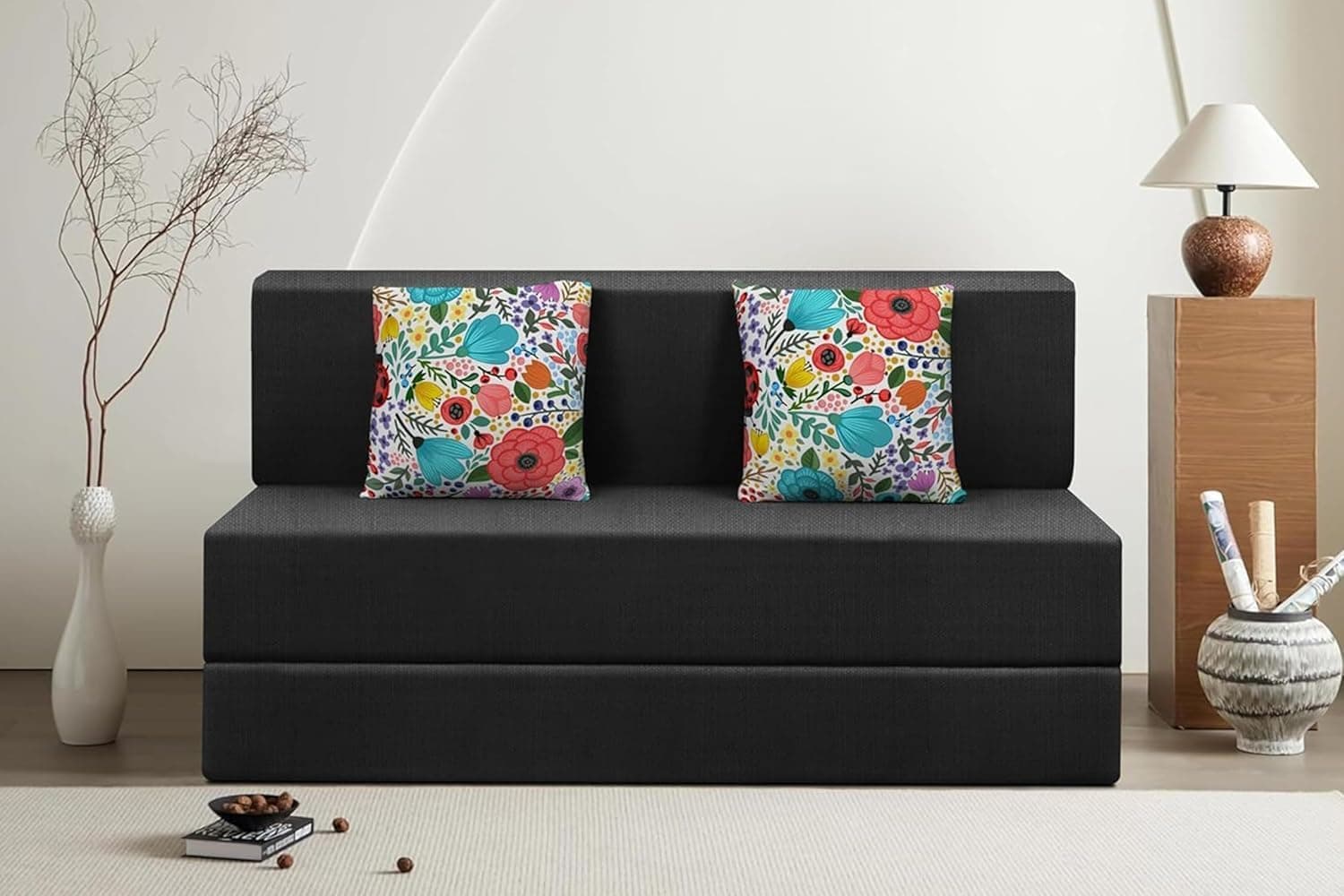 Rosebell Foldable 2 Seater Sofa Cum Bed, Sofa Bed 4X6 Feet, Jute Fabric- Washable Cover- Including Two Cushion Perfect for Home & Office - Black-Color