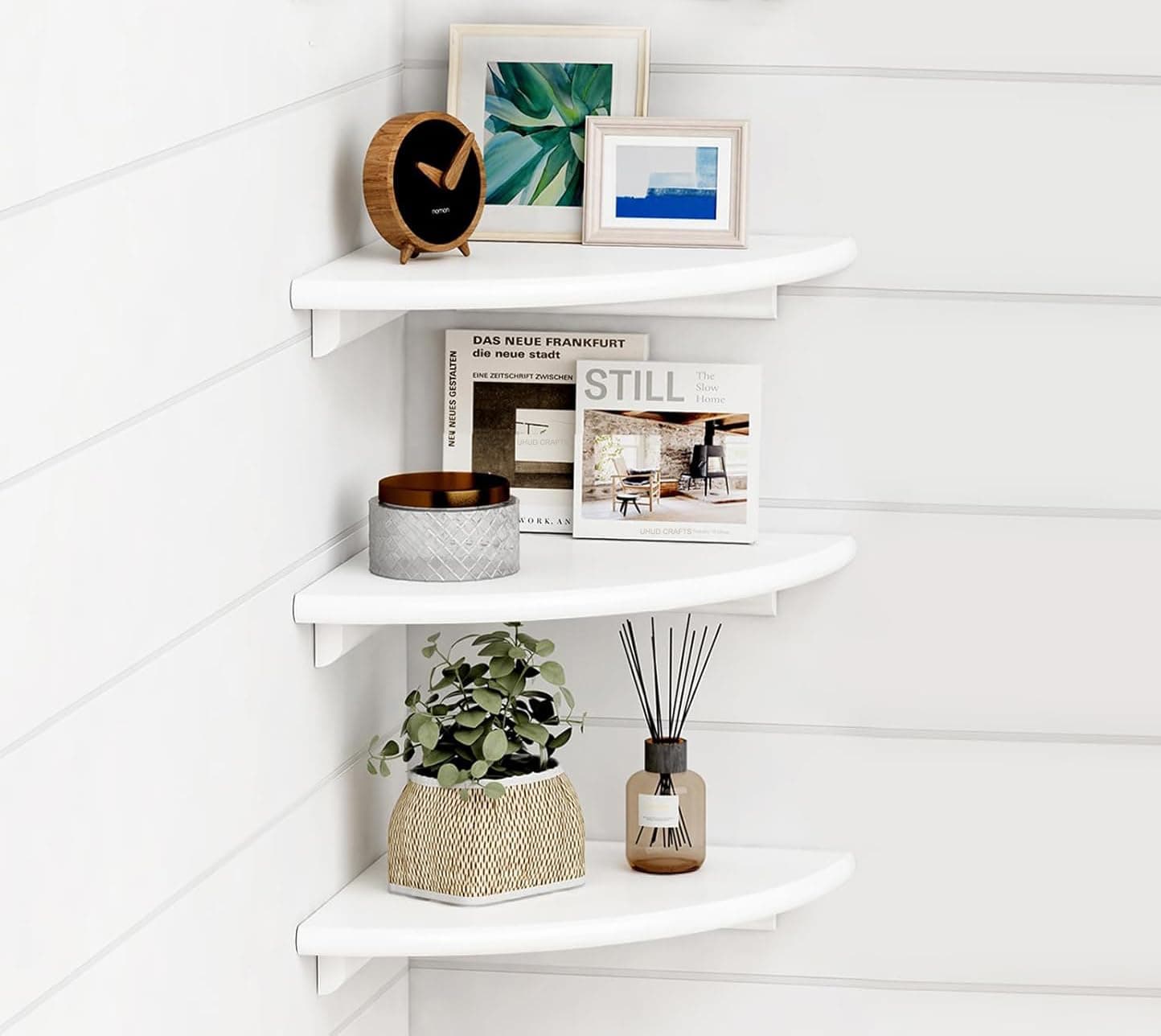 UHUD CRAFTS Corner Floating Shelves for Wall Decor Set of 3, Wall Mounted Rounded Corner Book Shelves for Kids Bedroom & Books, Decorative Storage Shelf for Bathroom & Living Room Decor - White