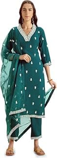 Kaari Women's Embroidered Kurta Set with Dupatta | Straight Fit | Embroidered Neck-line | Organza Dupatta with all-over Booti Work & Lace Hem | Straight Pant with Side Pocket | Kurta Set For Women