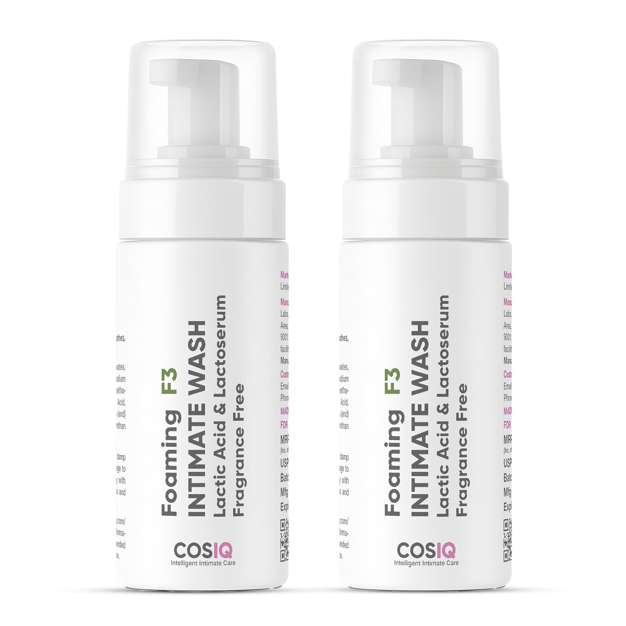 Cos-IQ Foaming F3 Intimate Wash (Pack of 2 X 100ml) | Fragrance-Free Hygiene Wash with Lactic Acid & Lactoserum| Prevents Itching, Irritation & Dryness| Soothes Intimate Skin| For All Skin Type, 200ml