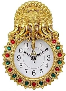 Ganesh Wall Clock with Red & Green Gemstone Embellishments | Gold Finish Decorative Wall Clock for Home & Office