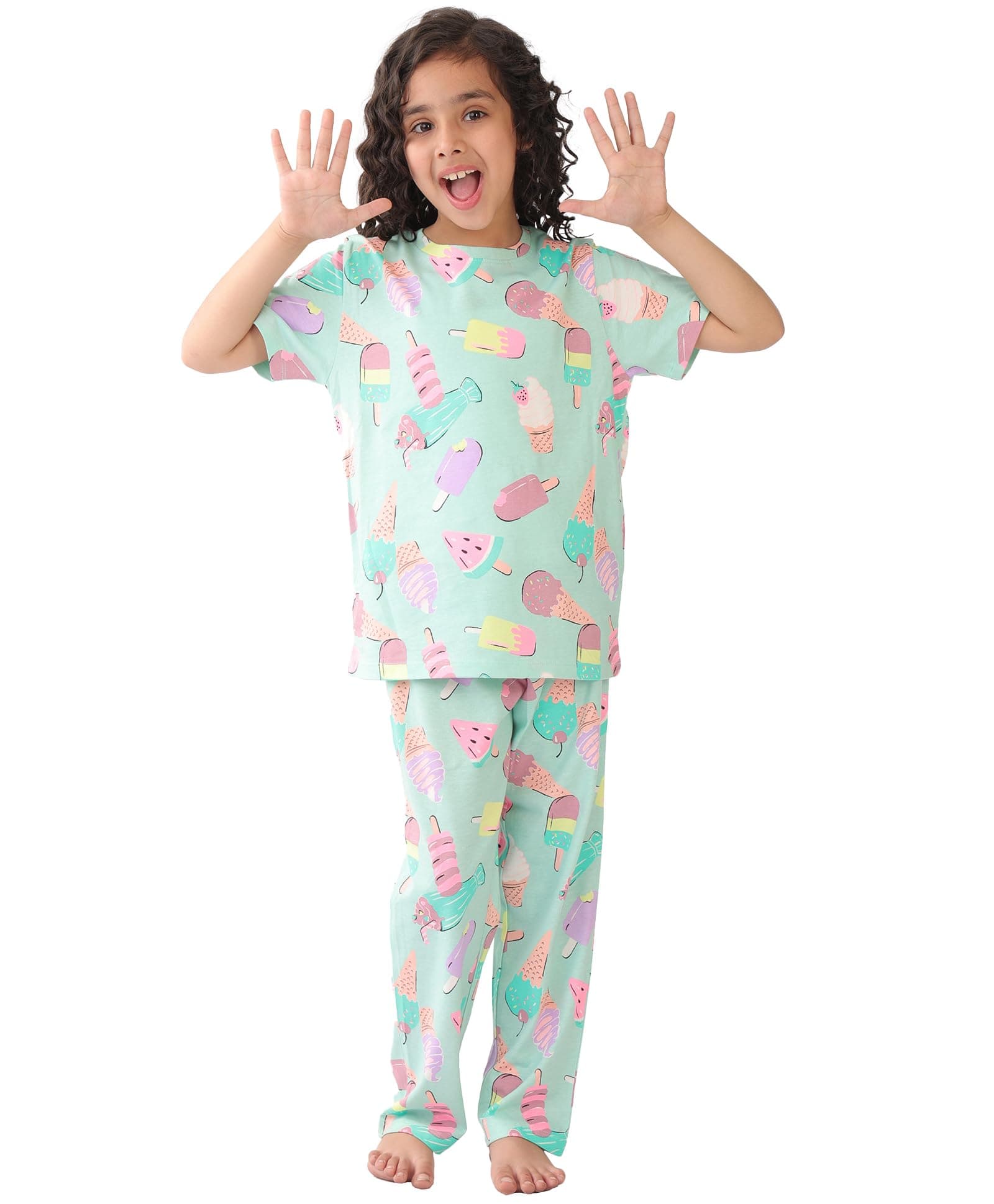 ANTHRILO Summer Pyjama Set for Girls | Pure Cotton| Casual Wear |Icecream Aqua Short Sleeves Pyjama Set