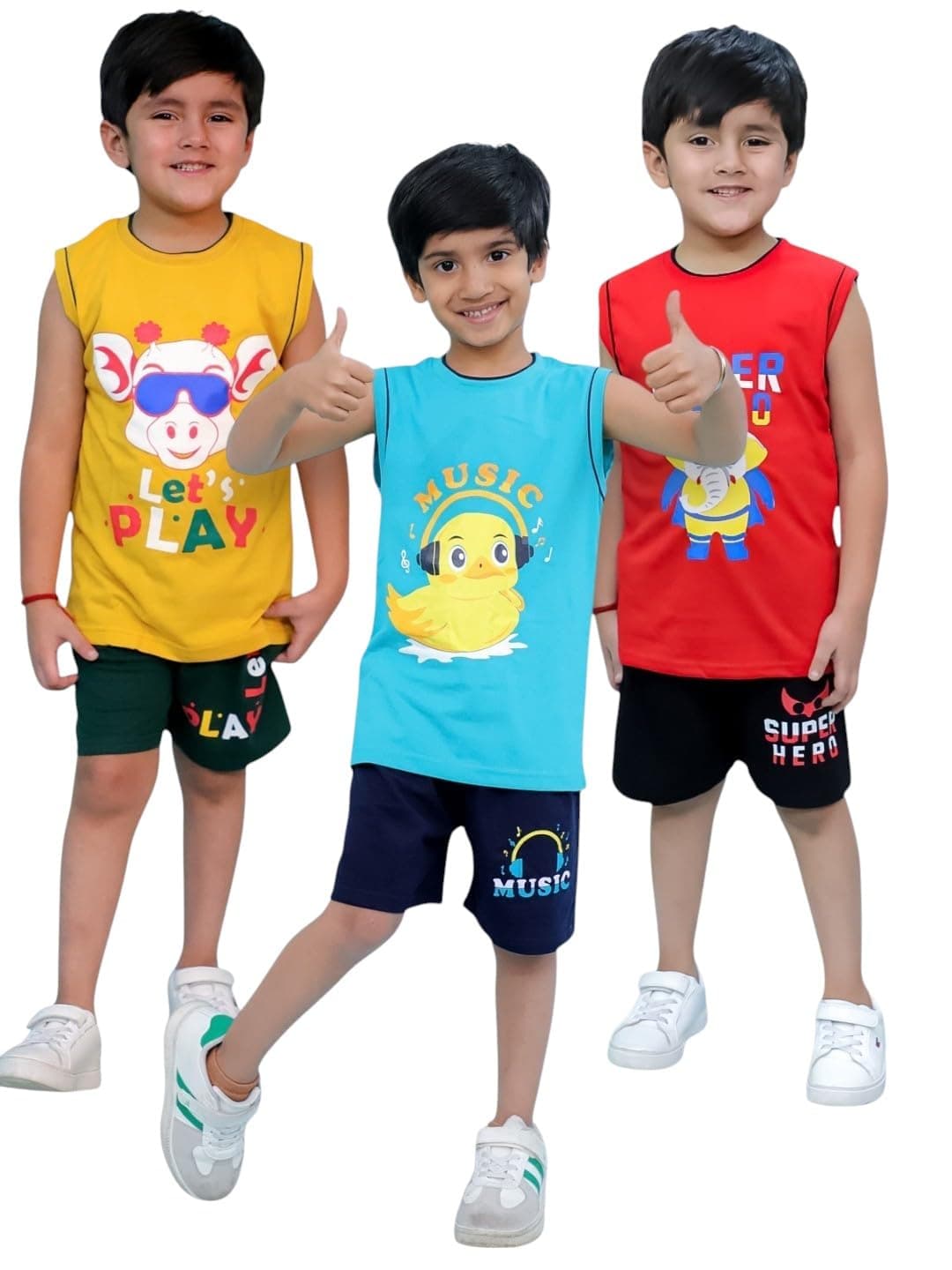 Chandrika Kids Cotton Coordinated Set Pack of 3 Sleeveless T-Shirts & Half Pants Unisex Baby, Boys & Girls Summer Dress Combo