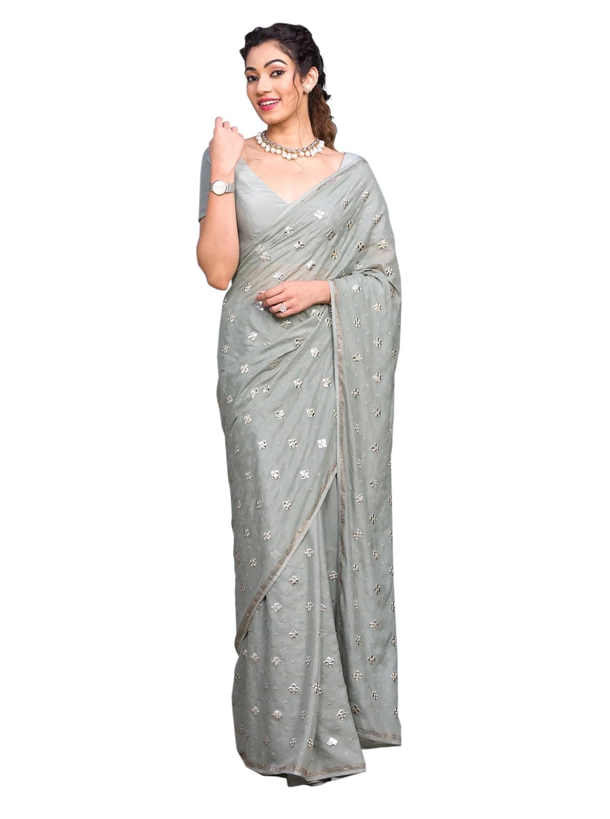 TRENDMALLS Women's Satin Siroski with Embroidery butti work Saree with Blouse Piece