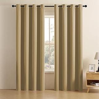 LINENWALAS 100% Solid True Solid Blackout Curtains (7 Feet),Set of 2 Panels,Complete Light Block,Thermal Insulated & Noise Reducing Room Darkening Curtains for Living Room & Home Décor (Golden Beige)