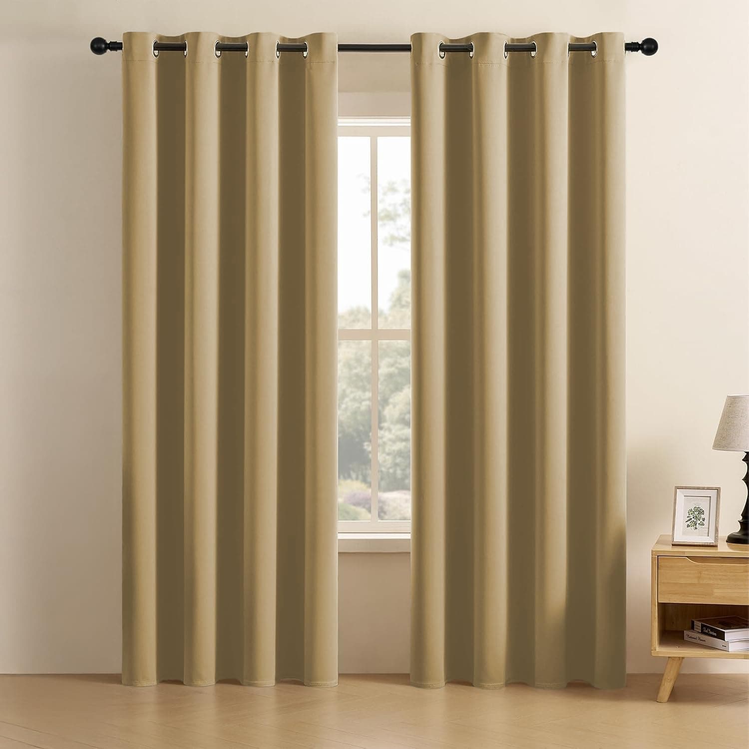 LINENWALAS 100% Solid True Solid Blackout Curtains (7 Feet),Set of 2 Panels,Complete Light Block,Thermal Insulated & Noise Reducing Room Darkening Curtains for Living Room & Home Décor (Golden Beige)