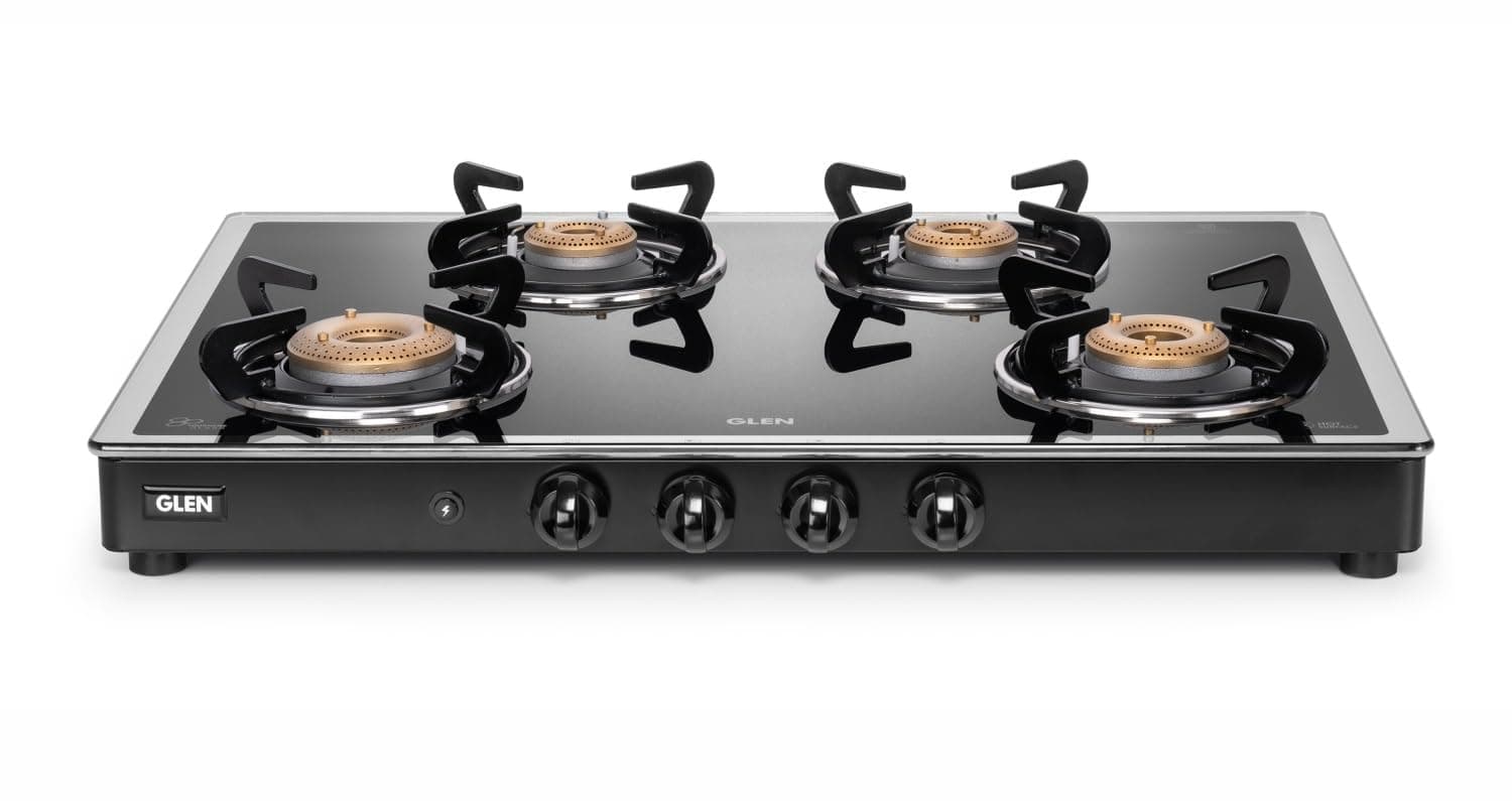 Glen Apex LPG Gas Stove 4 Burner Auto Ignition | Toughened Glass Top | 1 Jumbo, 3 Forged Brass Burners | Revolving Inlet Nozzle | 5 Years Warranty On Glass, Valve And Burner | 4BHF70BLBBAI