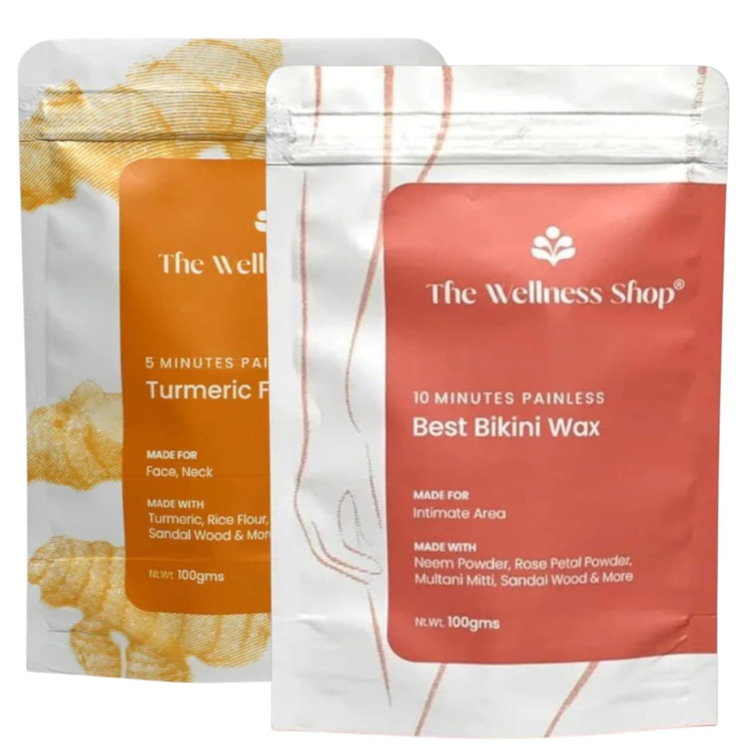The Wellness Shop Instant Turmeric Facial Wax- 5 Minute (100g) | Best Bikini Wax- 10 Minute Herbal Waxing Painless Powders (100g) | Reduce Dark Skin Cells, No Irritation & Skin Rashes, Combo- 2 Pcs
