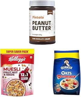 Pintola Peanut Butter Chocolate Flavour Creamy 500g || Kellogg's Muesli Fruit Nut & Seeds 750G || Quaker Oats 1Kg, Rolled Oats Natural Wholegrain